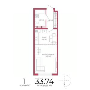 1-к квартира, строящийся дом, 34м2, 7/18 этаж