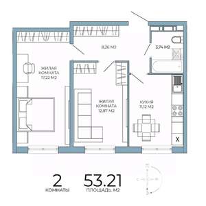 2-к квартира, строящийся дом, 53м2, 10/18 этаж