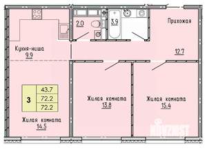 3-к квартира, строящийся дом, 72м2, 12/18 этаж