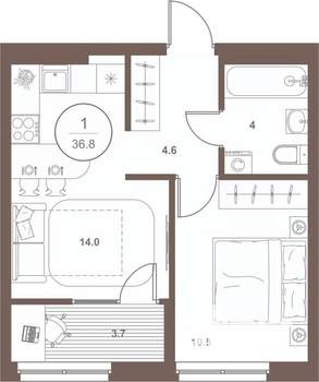1-к квартира, вторичка, 37м2, 2/16 этаж