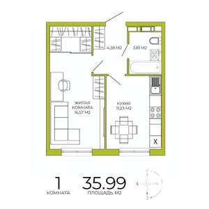 1-к квартира, строящийся дом, 36м2, 10/18 этаж