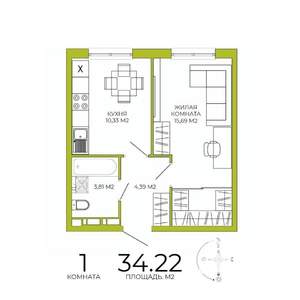 1-к квартира, строящийся дом, 34м2, 14/18 этаж