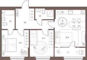 2-к квартира, вторичка, 67м2, 3/16 этаж
