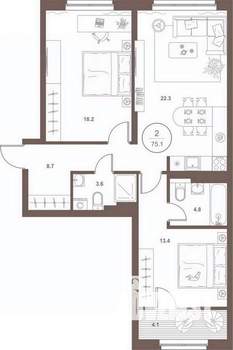 2-к квартира, вторичка, 75м2, 2/16 этаж