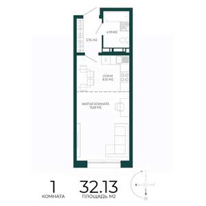 1-к квартира, строящийся дом, 32м2, 2/17 этаж
