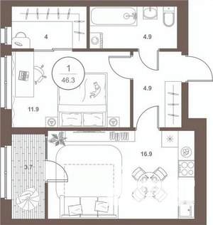 1-к квартира, вторичка, 46м2, 4/16 этаж