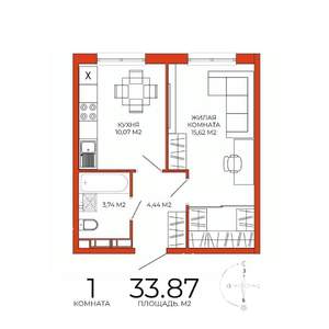 1-к квартира, строящийся дом, 34м2, 2/18 этаж