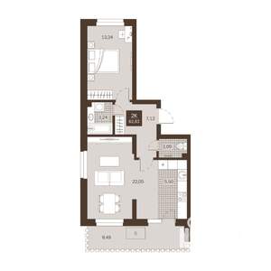 2-к квартира, вторичка, 63м2, 1/22 этаж