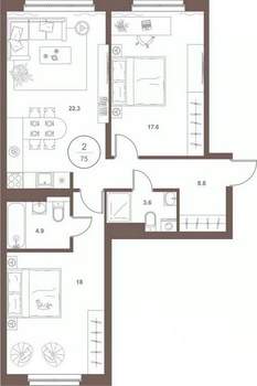2-к квартира, вторичка, 74м2, 4/16 этаж