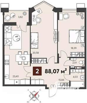 2-к квартира, вторичка, 88м2, 4/18 этаж