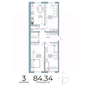 3-к квартира, строящийся дом, 84м2, 2/18 этаж