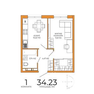 1-к квартира, вторичка, 34м2, 14/18 этаж
