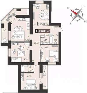 4-к квартира, вторичка, 139м2, 10/18 этаж