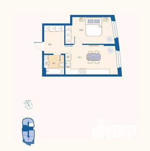 1-к квартира, вторичка, 42м2, 1/16 этаж