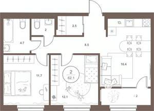 2-к квартира, вторичка, 62м2, 4/16 этаж