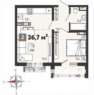 2-к квартира, вторичка, 37м2, 7/14 этаж