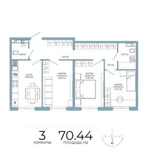 3-к квартира, строящийся дом, 70м2, 10/18 этаж