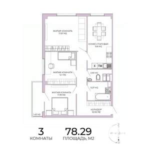 3-к квартира, вторичка, 78м2, 3/17 этаж