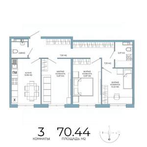 3-к квартира, строящийся дом, 70м2, 6/18 этаж