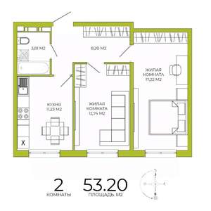 2-к квартира, строящийся дом, 53м2, 6/18 этаж