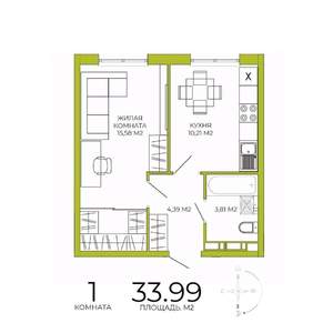 1-к квартира, строящийся дом, 34м2, 5/18 этаж