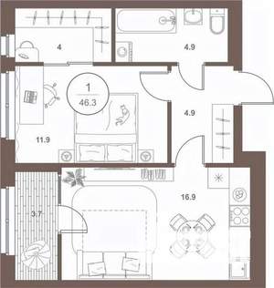 1-к квартира, вторичка, 46м2, 9/16 этаж