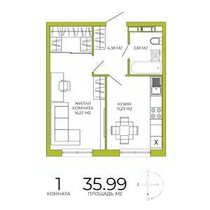 1-к квартира, строящийся дом, 36м2, 8/18 этаж