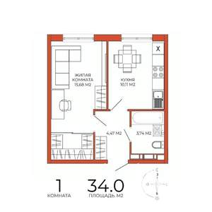 1-к квартира, строящийся дом, 34м2, 4/18 этаж