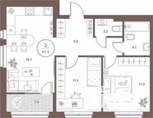 2-к квартира, вторичка, 61м2, 10/16 этаж