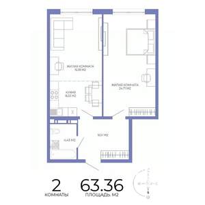 2-к квартира, строящийся дом, 63м2, 4/17 этаж