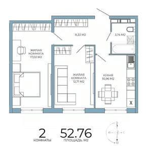 2-к квартира, строящийся дом, 53м2, 2/18 этаж