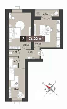 2-к квартира, вторичка, 74м2, 6/16 этаж