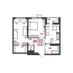 2-к квартира, вторичка, 61м2, 3/17 этаж