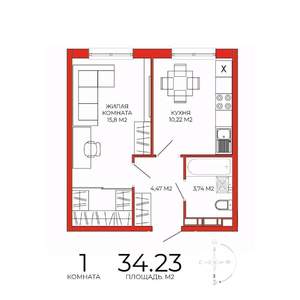 1-к квартира, строящийся дом, 34м2, 11/18 этаж