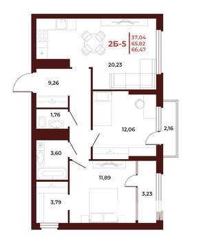 2-к квартира, вторичка, 66м2, 9/18 этаж
