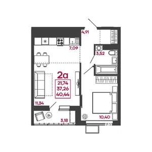 2-к квартира, вторичка, 40м2, 2/17 этаж