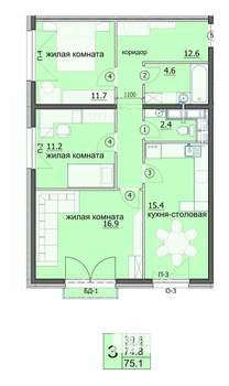 3-к квартира, строящийся дом, 75м2, 16/18 этаж