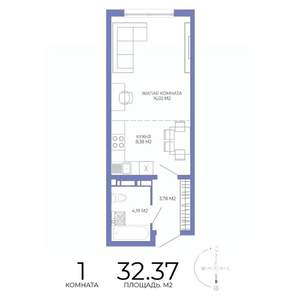 1-к квартира, строящийся дом, 32м2, 6/17 этаж