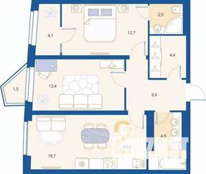 2-к квартира, вторичка, 69м2, 6/16 этаж