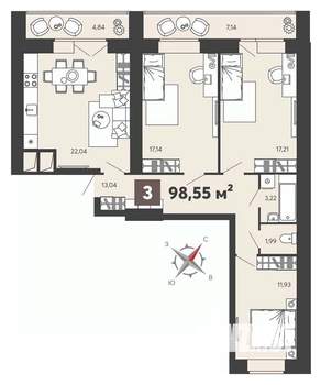 3-к квартира, вторичка, 99м2, 9/13 этаж