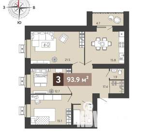 3-к квартира, вторичка, 94м2, 8/17 этаж