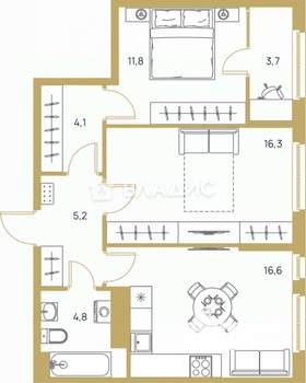 2-к квартира, сданный дом, 63м2, 6/17 этаж