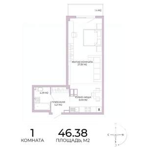 1-к квартира, строящийся дом, 46м2, 15/17 этаж