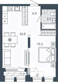 1-к квартира, вторичка, 50м2, 6/24 этаж
