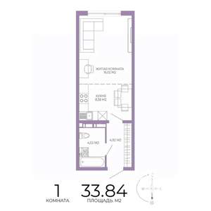 1-к квартира, строящийся дом, 34м2, 10/17 этаж