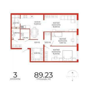 3-к квартира, строящийся дом, 89м2, 6/18 этаж