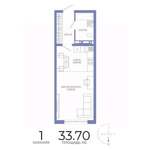 1-к квартира, строящийся дом, 34м2, 4/17 этаж