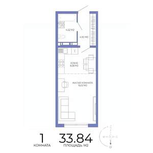 1-к квартира, строящийся дом, 34м2, 6/17 этаж