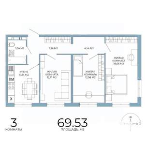 3-к квартира, строящийся дом, 70м2, 3/18 этаж