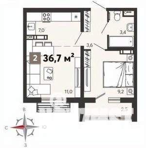 2-к квартира, строящийся дом, 37м2, 7/14 этаж